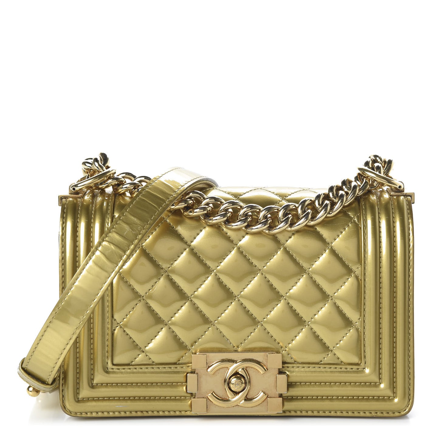 Metallic Patent Calfskin Quilted Small Boy Flap Gold
