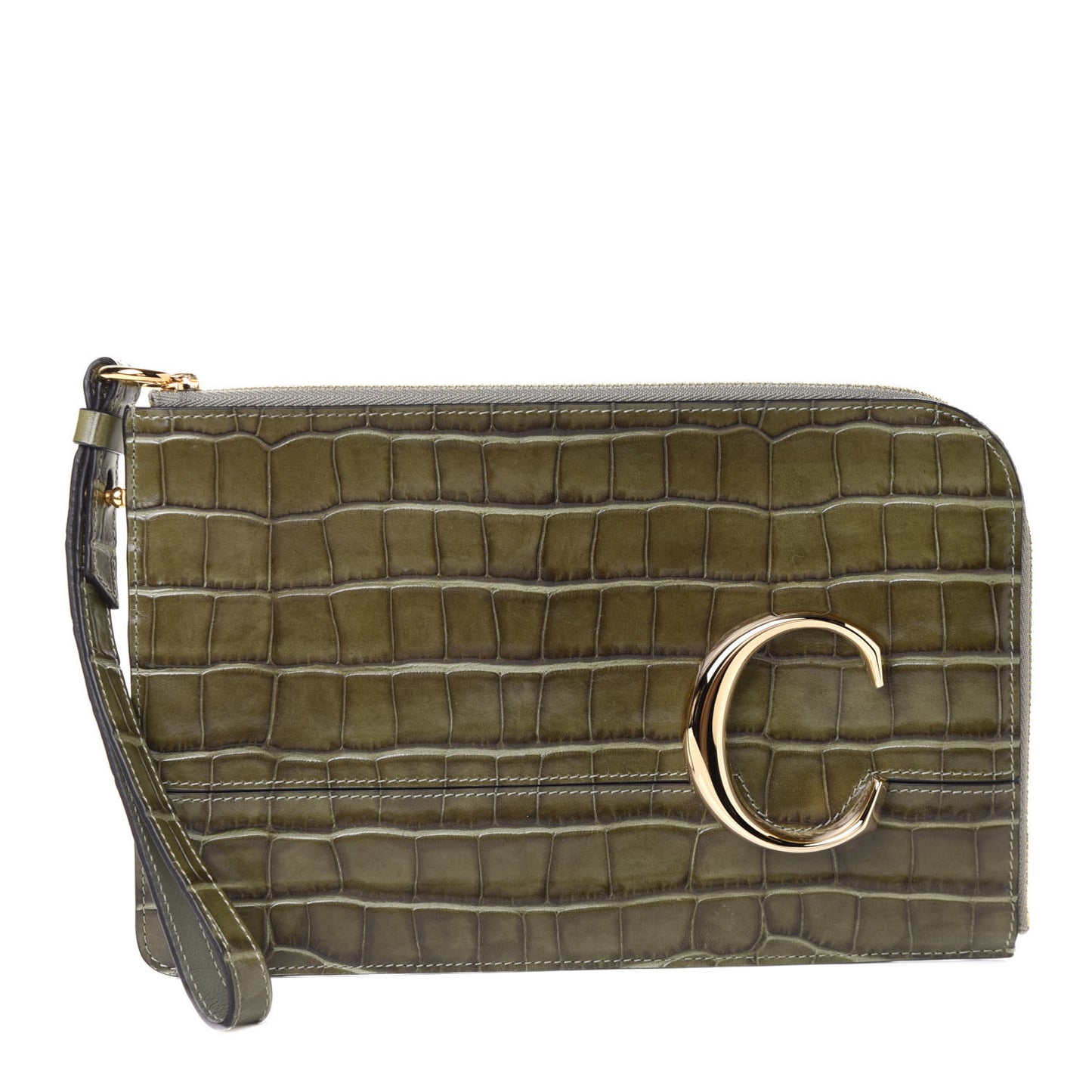 Crocodile Embossed Calfskin C Flat Pouch Misty Forest