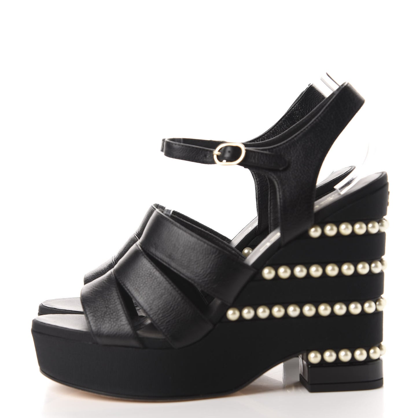 Calfskin Grosgrain Pearl Wedge Sandals 40 Black