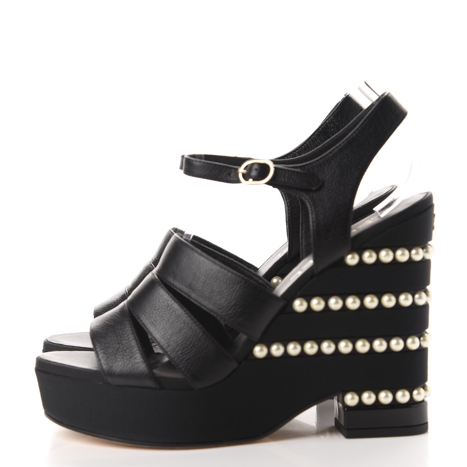 Chanel Calfskin Grosgrain Pearl Wedge Sandals 40 Black 3 of 10