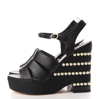 Chanel Calfskin Grosgrain Pearl Wedge Sandals 40 Black 3 of 10