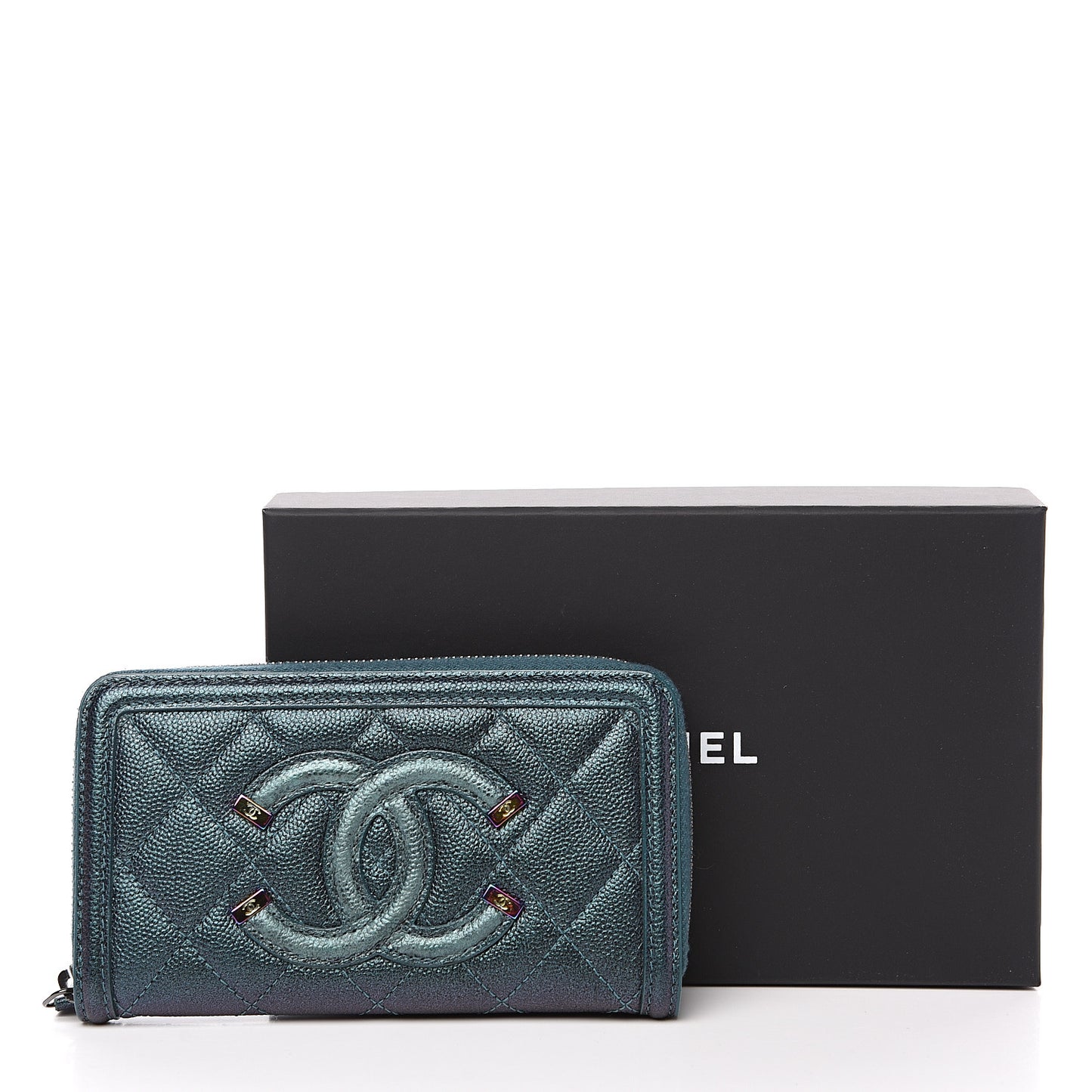 Iridescent Caviar Quilted Medium Filigree Zip Around Wallet Dark Turquoise