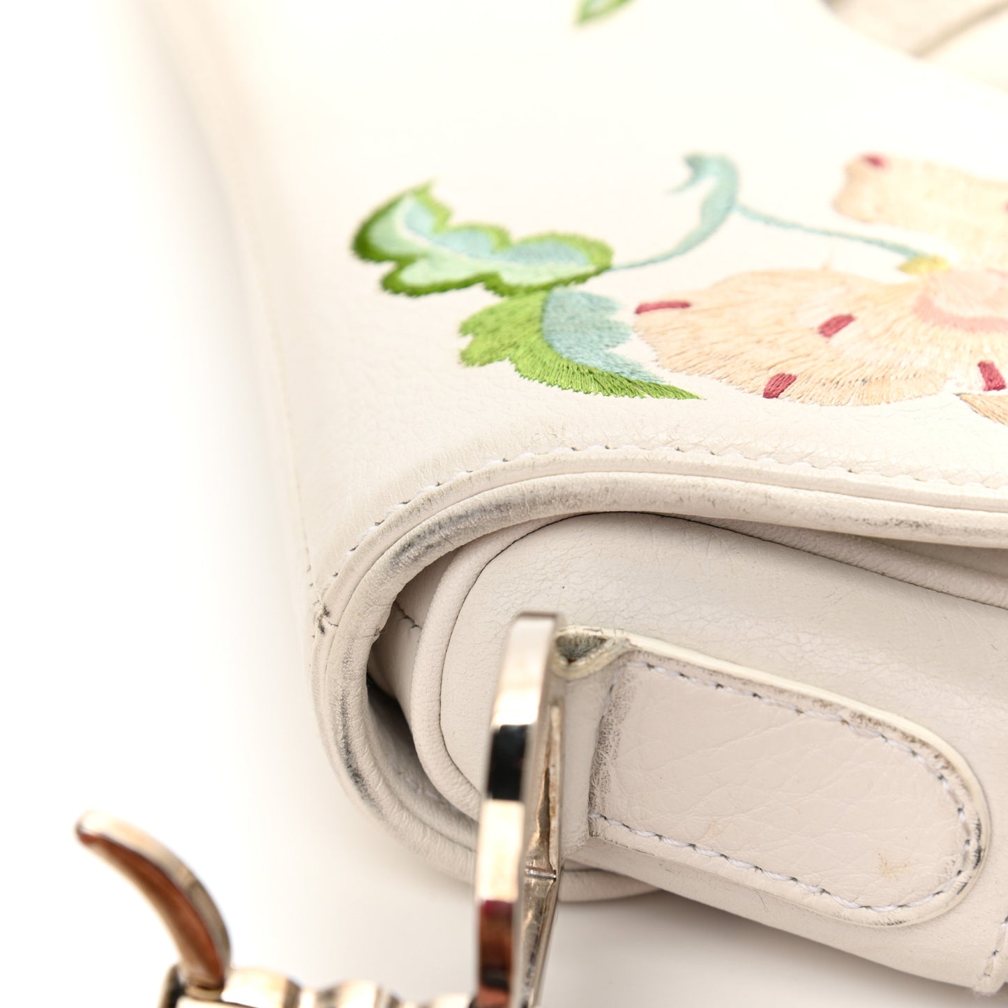 Calfskin Embroidered Romantic Flowers Saddle Bag White