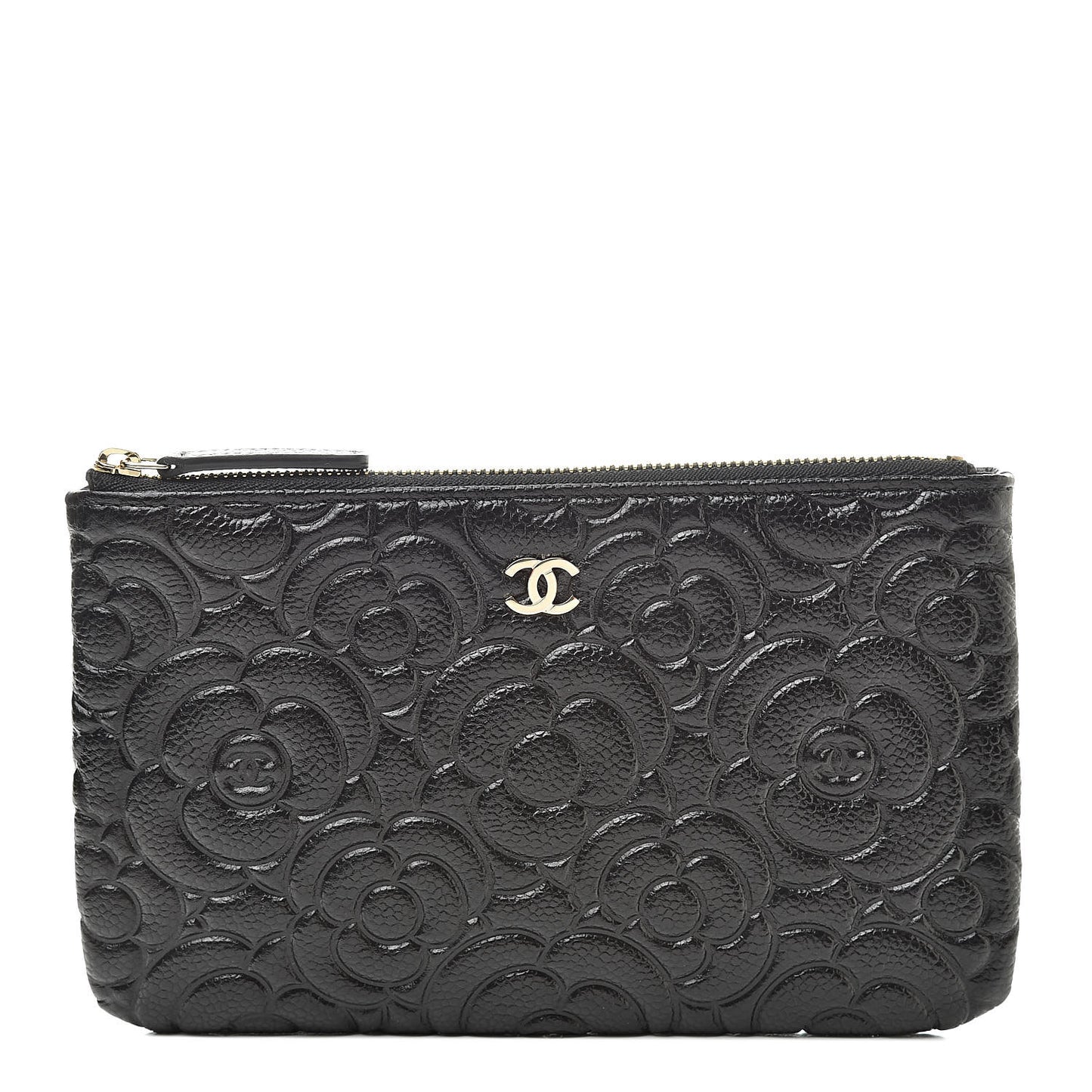 Caviar Camellia Embossed Small Pouch Black