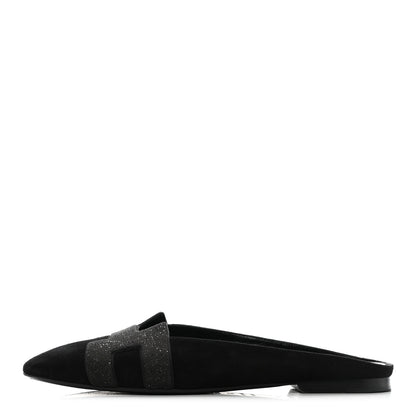 Hermes Satin Suede Goatskin Crystal Roxane Mules 39 Black 1 of 12