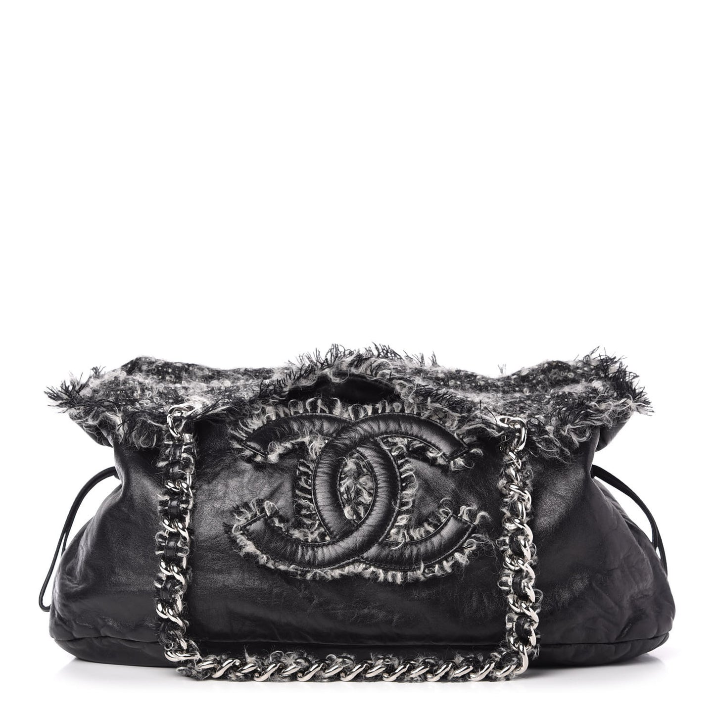 Tweed Lambskin Drawstring Tweedy Tote Black