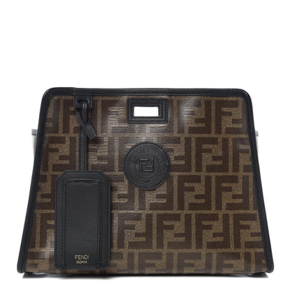 Fendi Glazed Fabric Vitello Century FF 1974 Stamp Patch Mini Peekaboo Defender Cover Mogano Panna Black 1 of 12