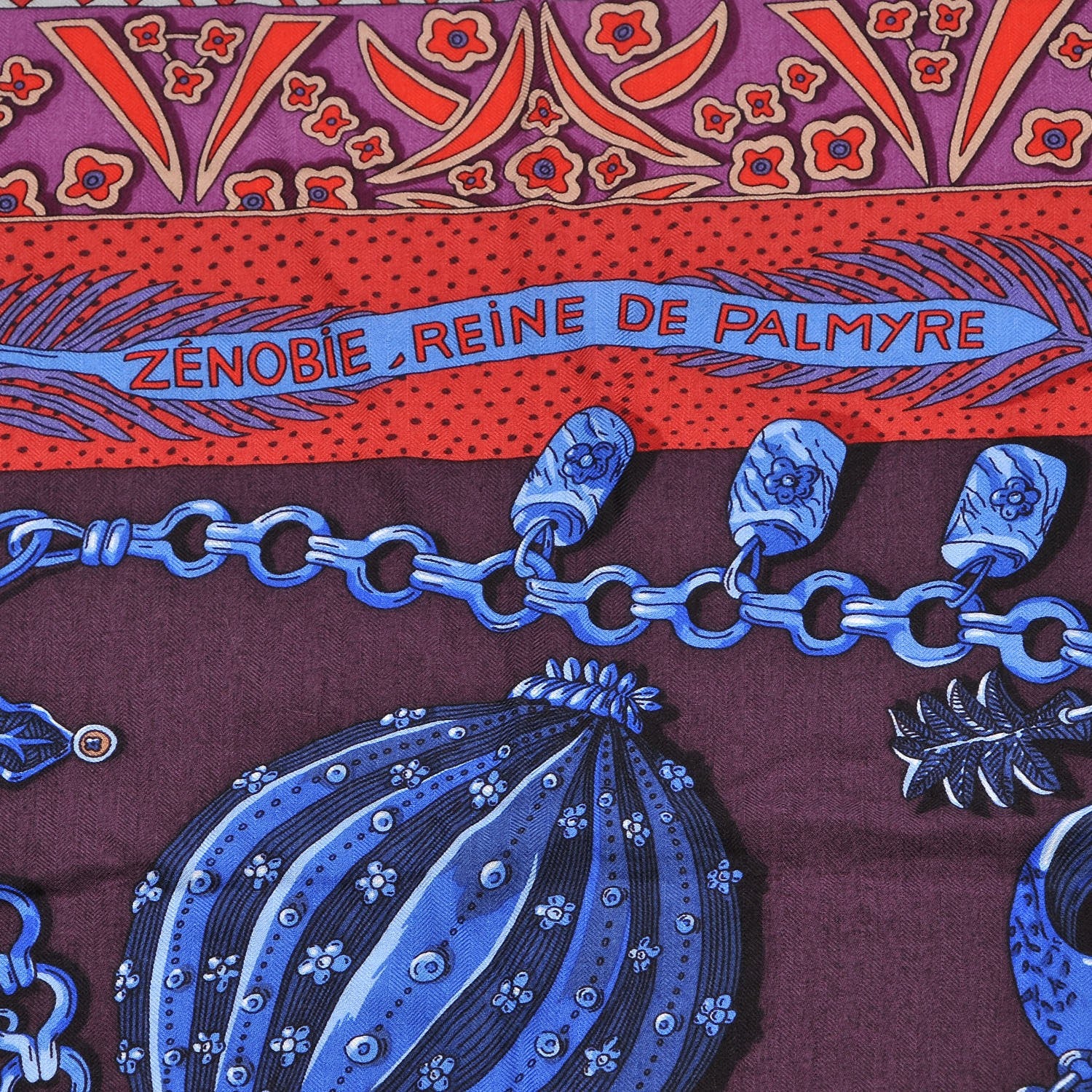 Hermes Cashmere Silk Zenobie Reine De Palmyre Shawl 140 Aubergine Bleu Dur Rouge 4 of 10