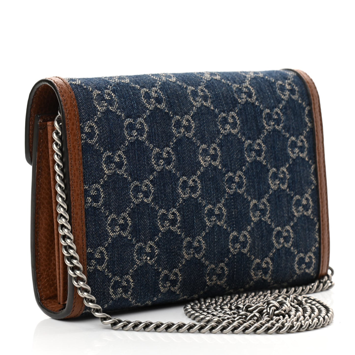 New Denim GG Monogram Dollar Calfskin Enamel Mini Dionysus Chain Wallet Blue Tea Cuir Epilog Electric Blue