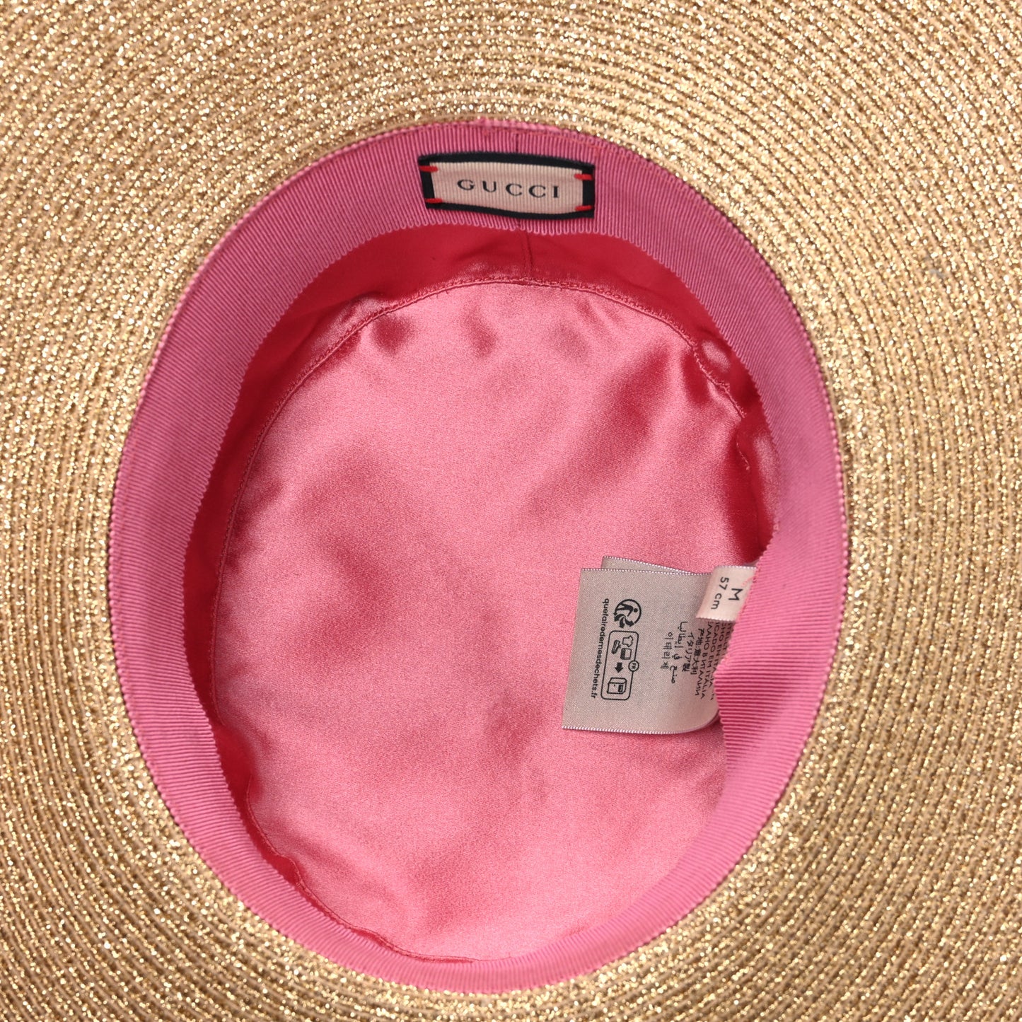 Glittered Straw Grosgrain Wide Brim Hat M Gold Black