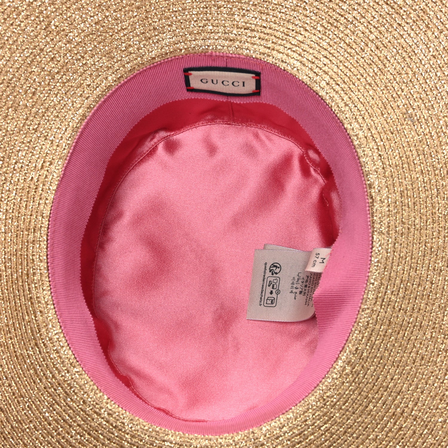 Gucci Glittered Straw Grosgrain Wide Brim Hat M Gold Black 7 of 8