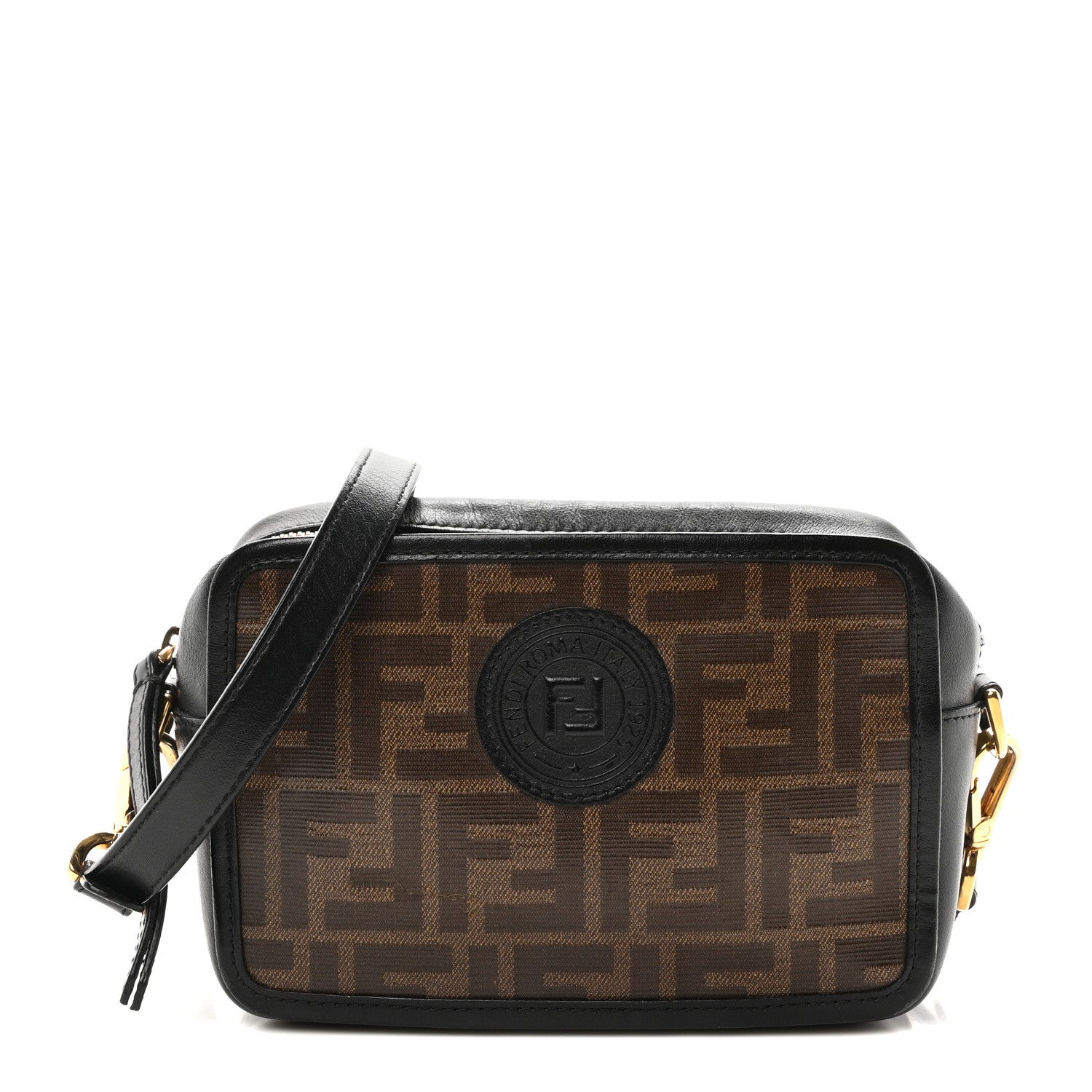 Fendi Glazed Fabric Vitello Century FF 1974 Stamp Patch Mini Camera Case Mogano Panna Black 1 of 10