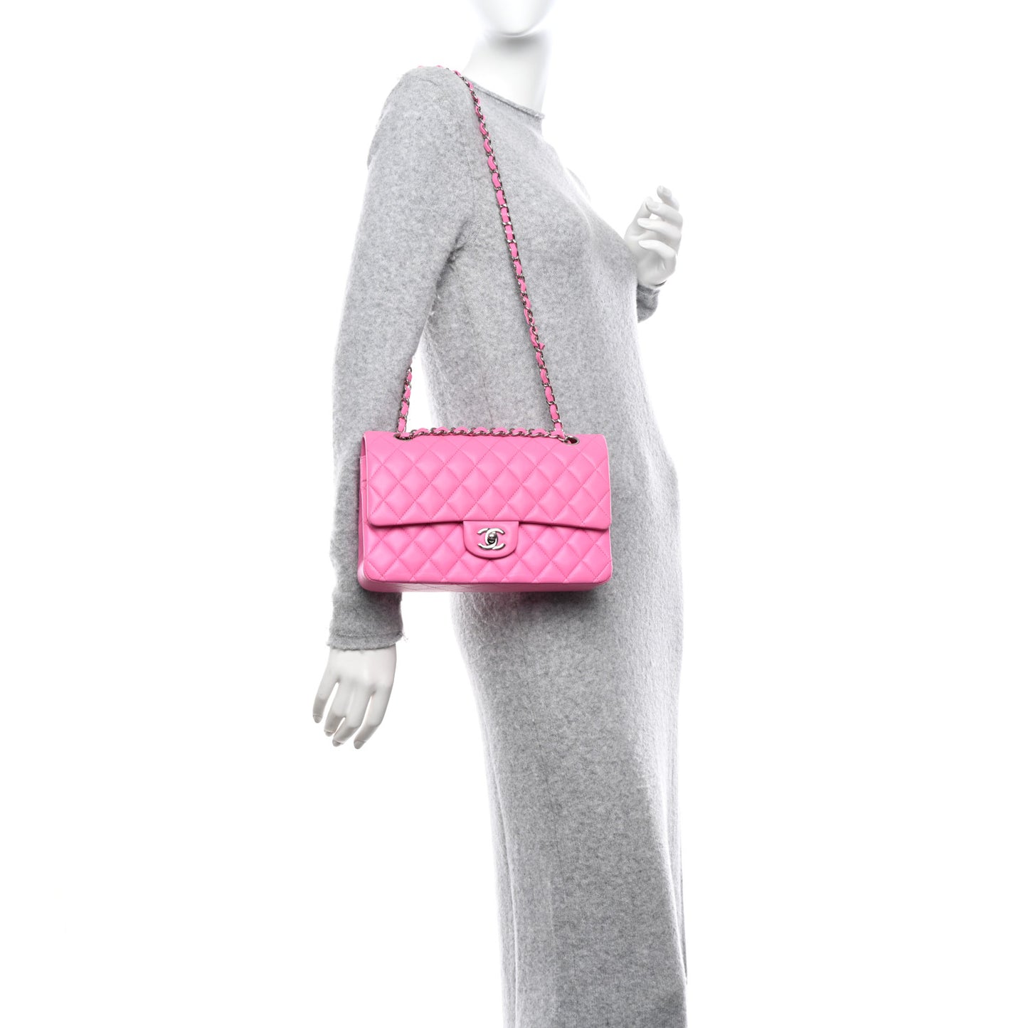 Lambskin Quilted Medium Double Flap Neon Pink
