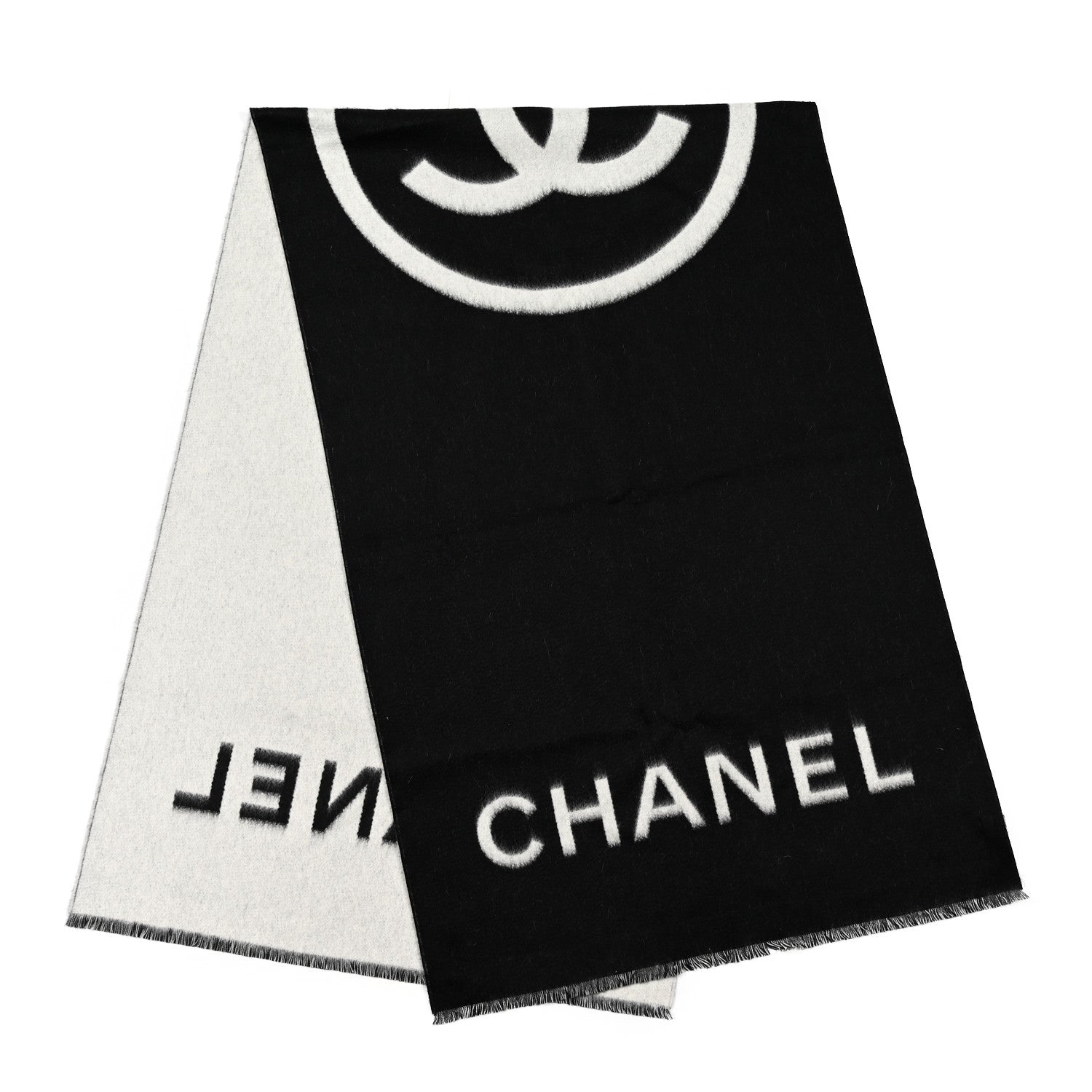 Chanel Cashmere CC Fringe Stole Black White 2 of 3