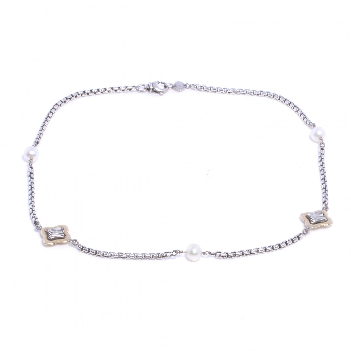 Sterling Silver 18K Yellow Gold Pearl 14mm Quatrefoil Station Necklace