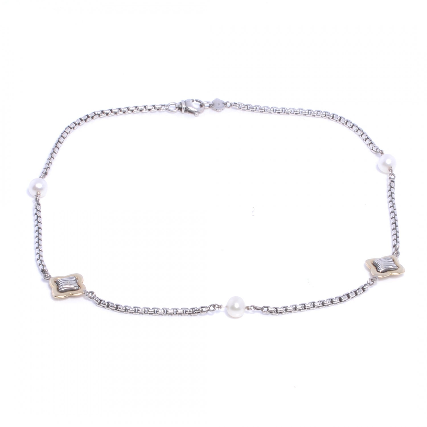 David Yurman Sterling Silver 18K Yellow Gold Pearl 14mm Quatrefoil Station Necklace 1 of 5