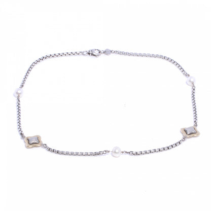 David Yurman Sterling Silver 18K Yellow Gold Pearl 14mm Quatrefoil Station Necklace 1 of 5
