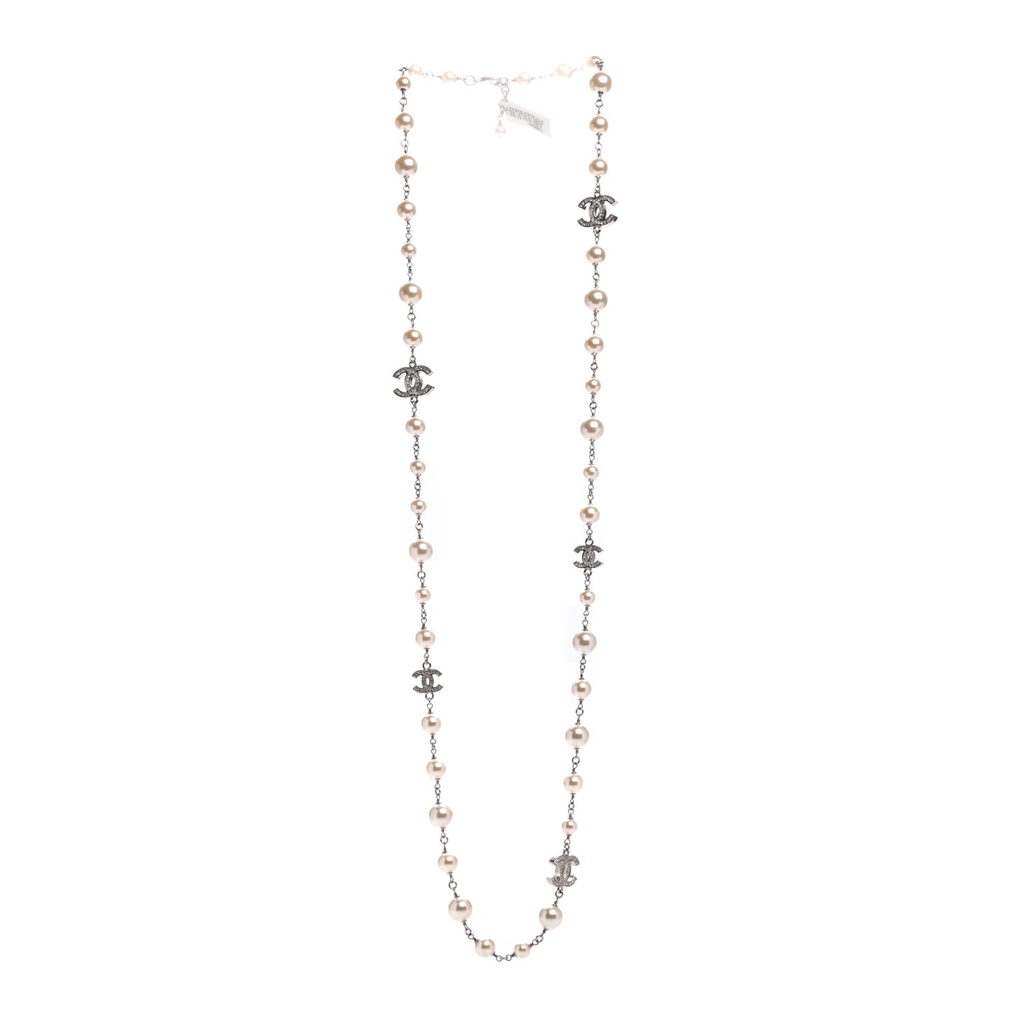 Crystal Pearl CC Long Necklace Silver