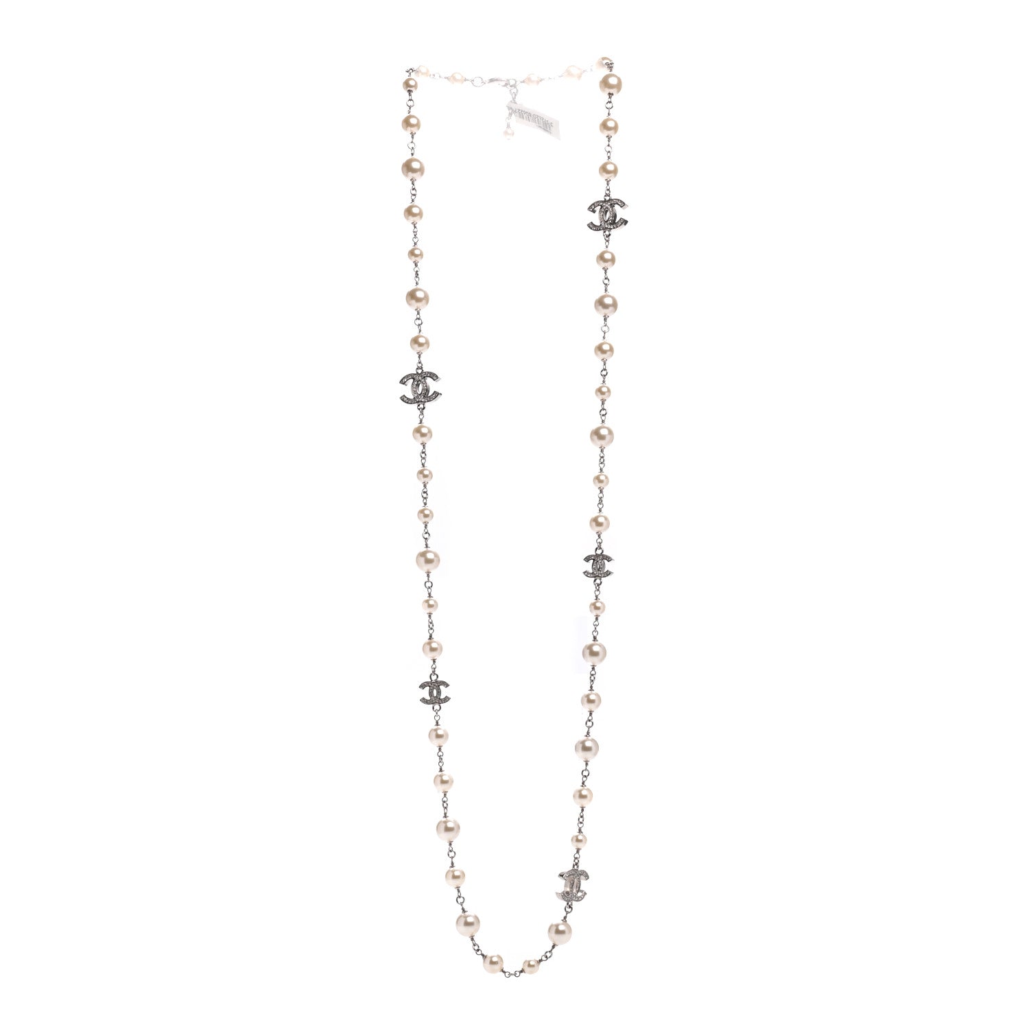 Chanel Crystal Pearl CC Long Necklace Silver 3 of 5