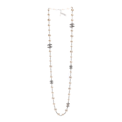Chanel Crystal Pearl CC Long Necklace Silver 3 of 5