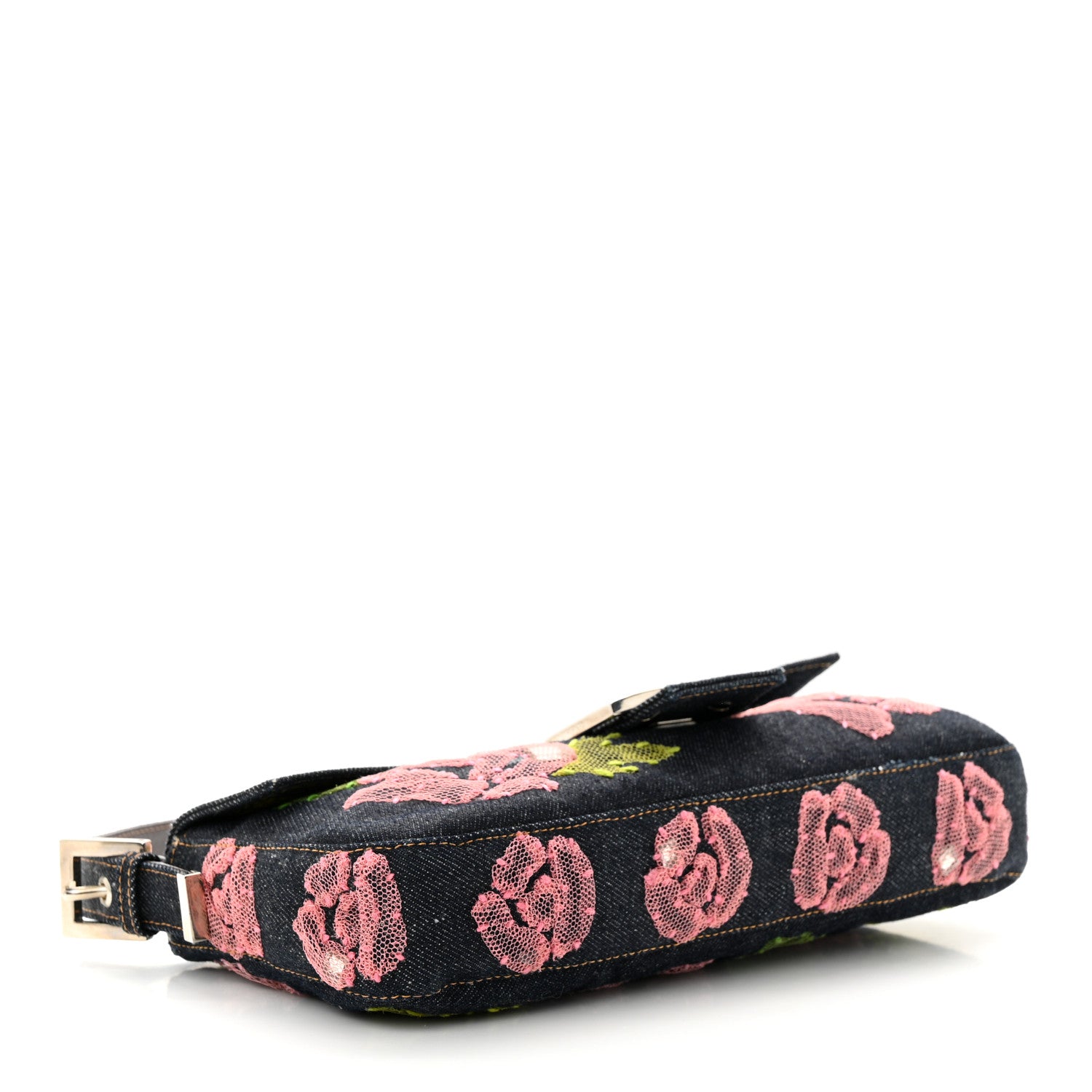 Fendi Denim Lace Embroidered Floral Baguette Blue Multicolor 4 of 9