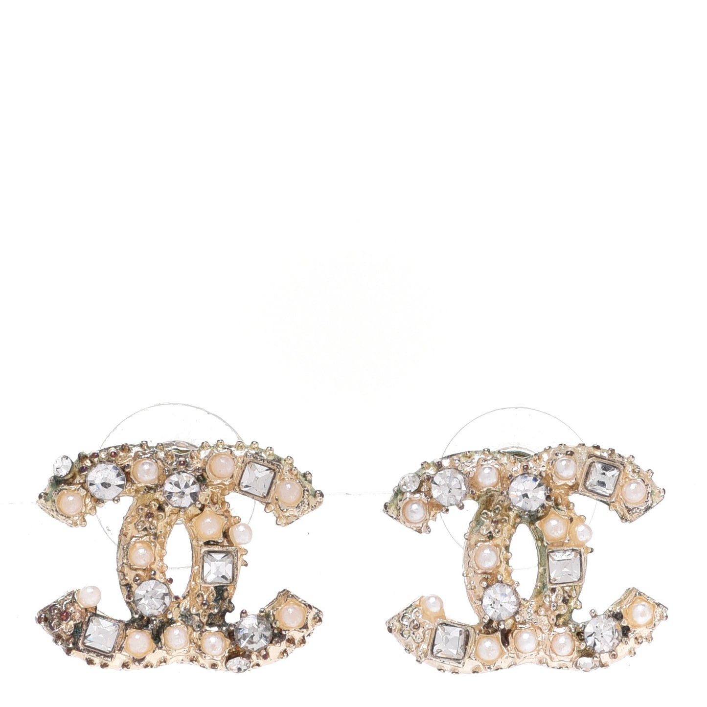 Pearl Crystal Baguette CC Earrings Gold