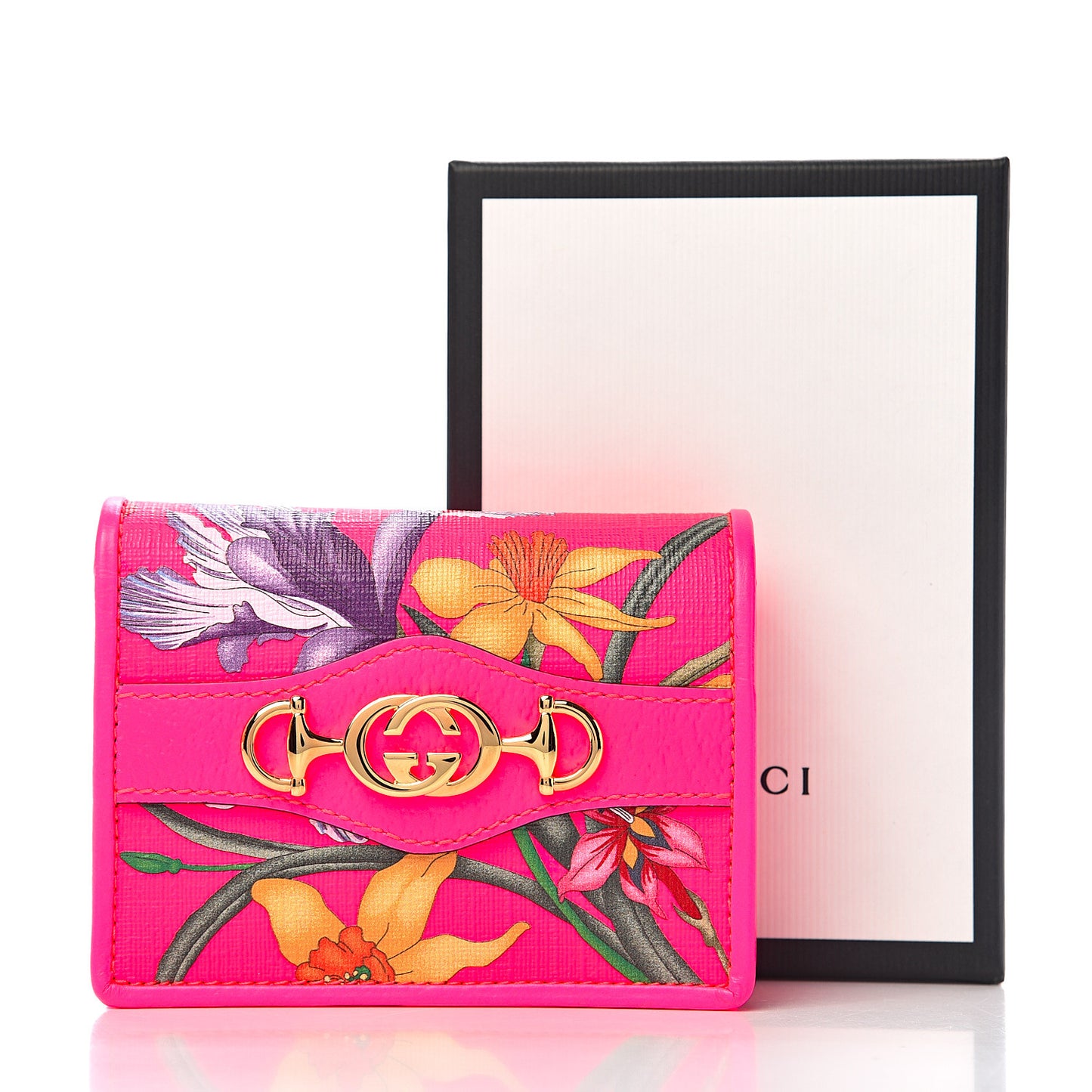 Calfskin Flora Print Zumi Card Case Fuxia Fluo