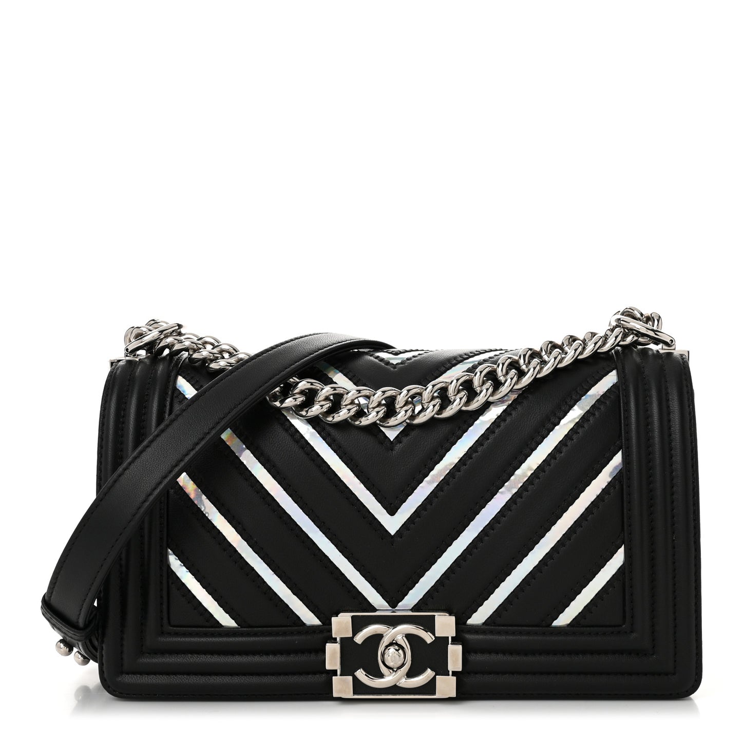 Lambskin Iridescent PVC Chevron Quilted Medium Boy Flap Black Silver