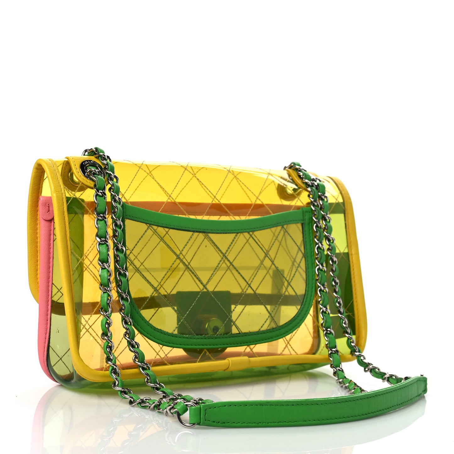 PVC Lambskin Stitched Medium Coco Splash Flap Yellow Green Pink