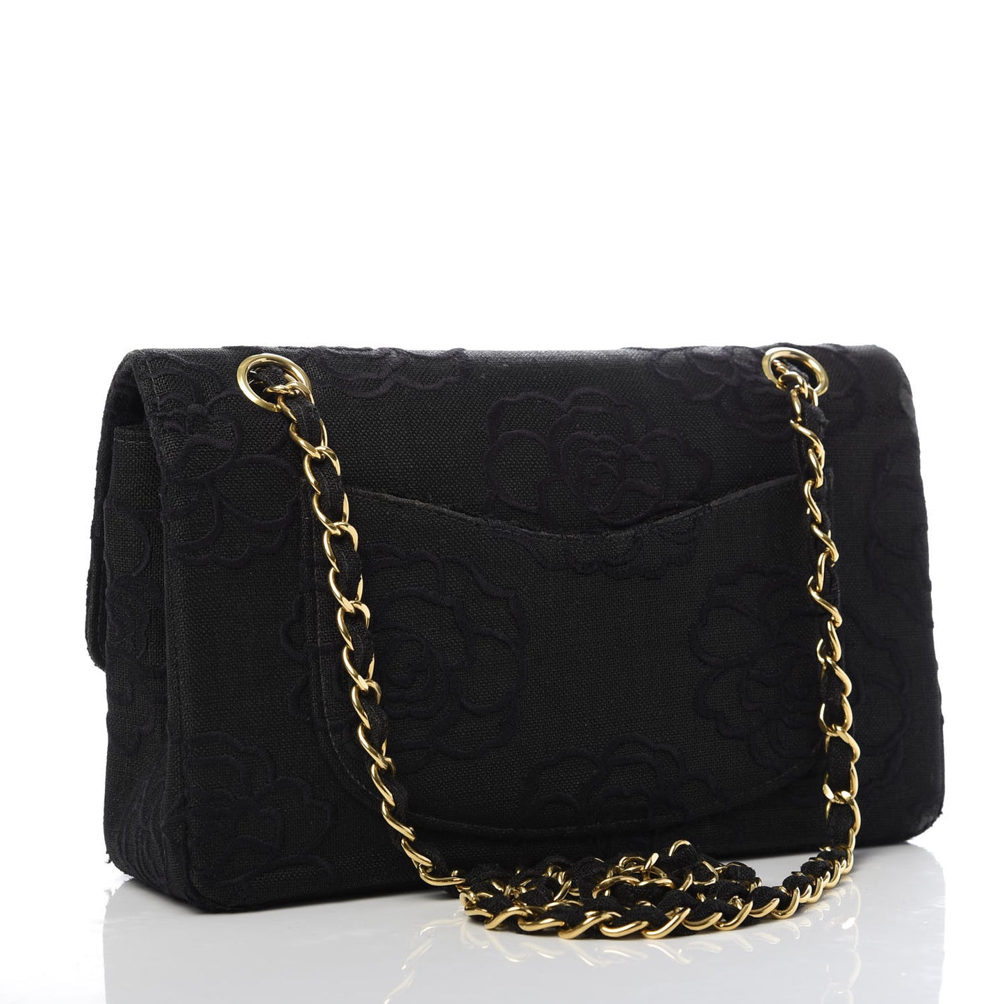 Canvas Camellia Embroidered Medium Double Flap Black