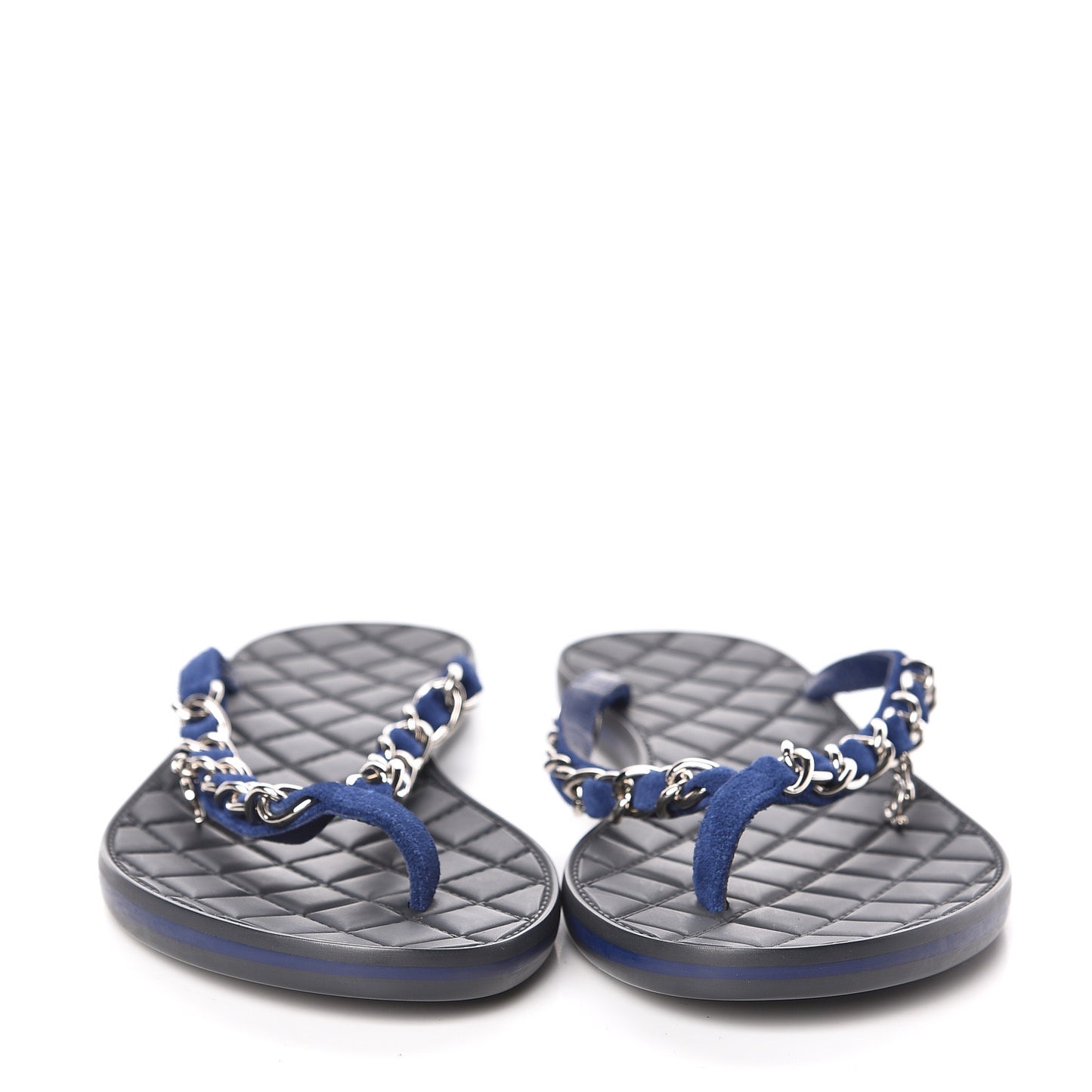 Suede Calfskin Quilted Chain Thong Sandals 36 Navy Blue