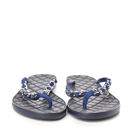 Chanel Suede Calfskin Quilted Chain Thong Sandals 36 Navy Blue 2 of 7