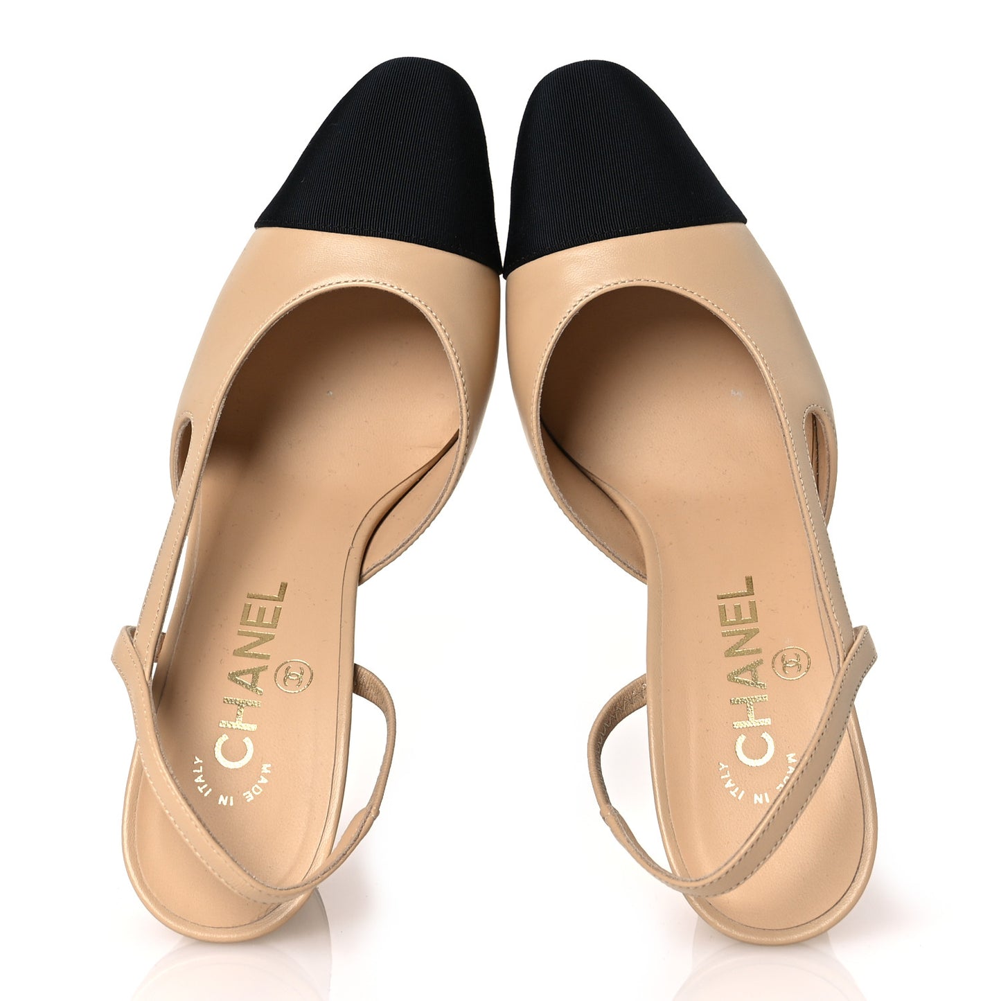 Lambskin Grosgrain Cap Toe CC Slingback Pumps 37 Beige Black