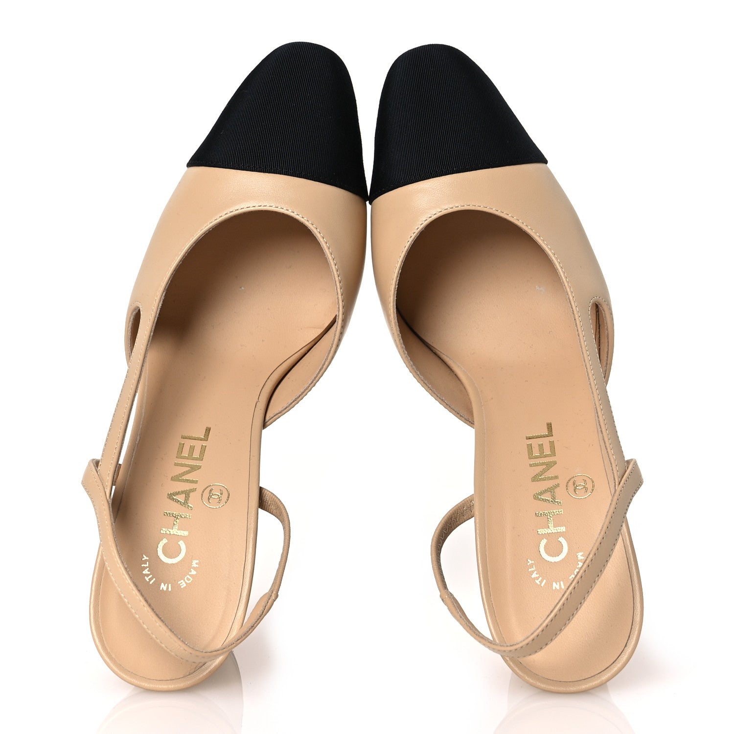 Chanel Lambskin Grosgrain Cap Toe CC Slingback Pumps 37 Beige Black 2 of 13