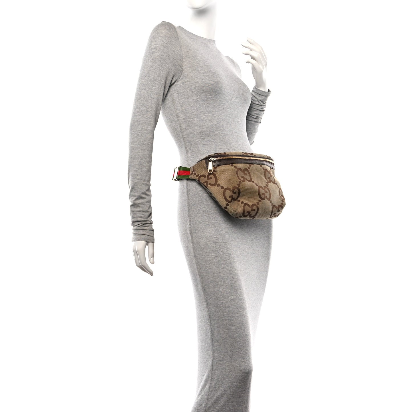 Monogram Jumbo GG Textured Dollar Calfskin Web Belt Bag Camel Ebony New Acero