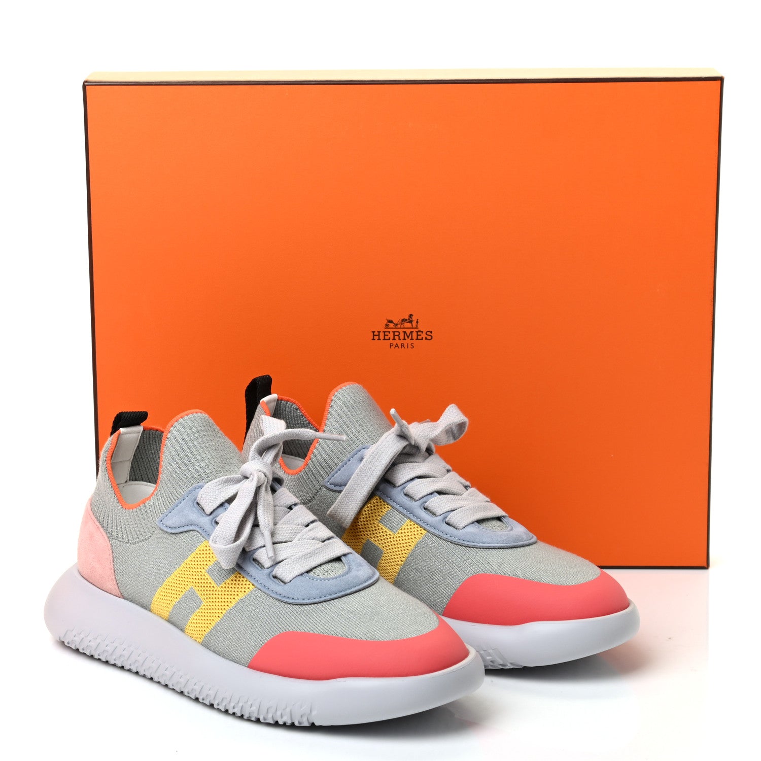 Hermes Knit Suede Goatskin Womens Crew Sneakers 37.5 Multicolor Gris Orange 9 of 9