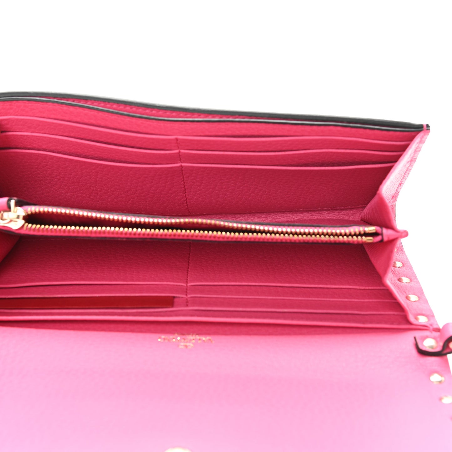 Metallic Pebbled Calfskin Rockstud Flap Wallet On Chain Peony
