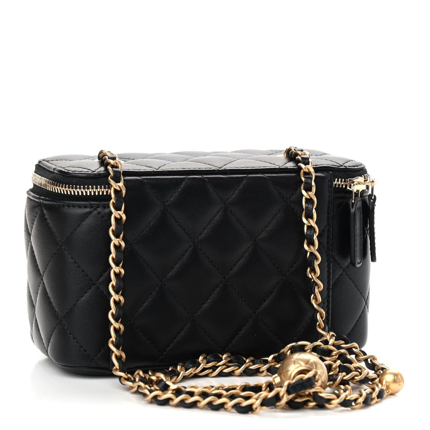 Lambskin Quilted Pearl Crush Small Vanity Case With Chain Black