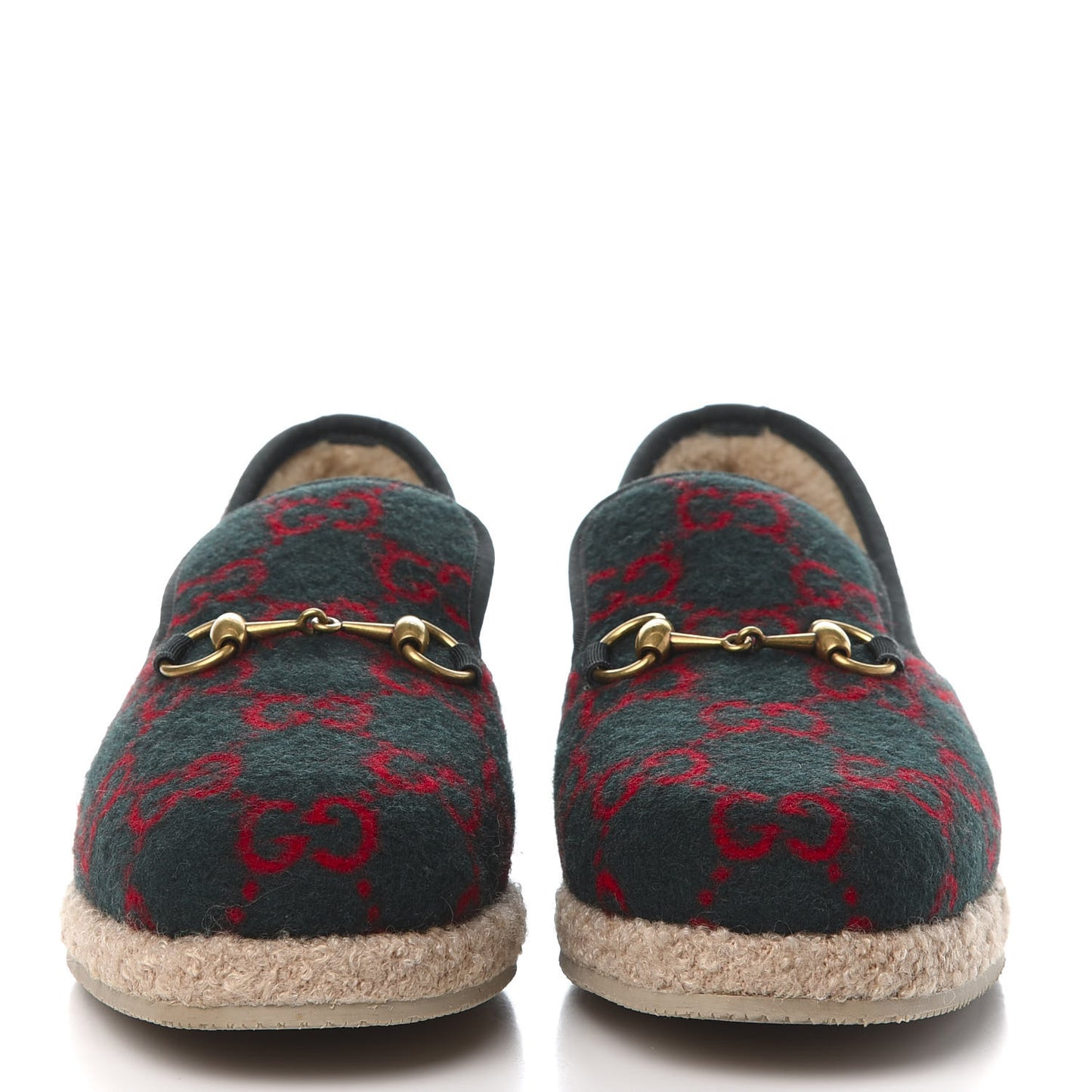 Covered Wool GG Monogram Mens Fria Horsebit Loafers 7 Green Red Shamarock Butterscotch