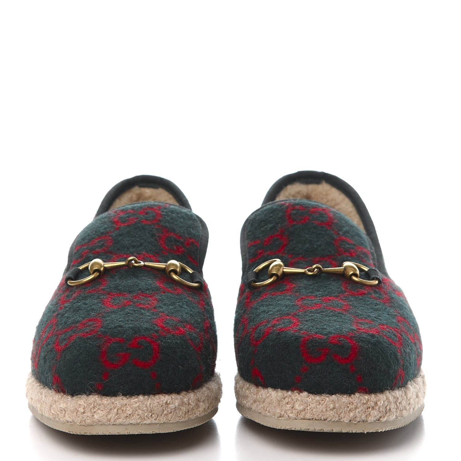 Gucci Covered Wool GG Monogram Mens Fria Horsebit Loafers 7 Green Red Shamarock Butterscotch 2 of 9