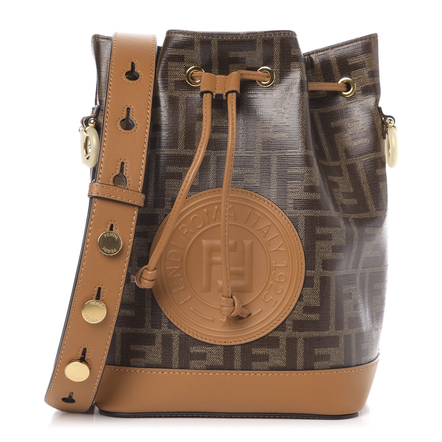 Glazed Fabric Vitello Grace F is Fendi FF 1974 Stamp Patch Grande Mon Tresor Bucket Bag Mogano Panna Nocciola