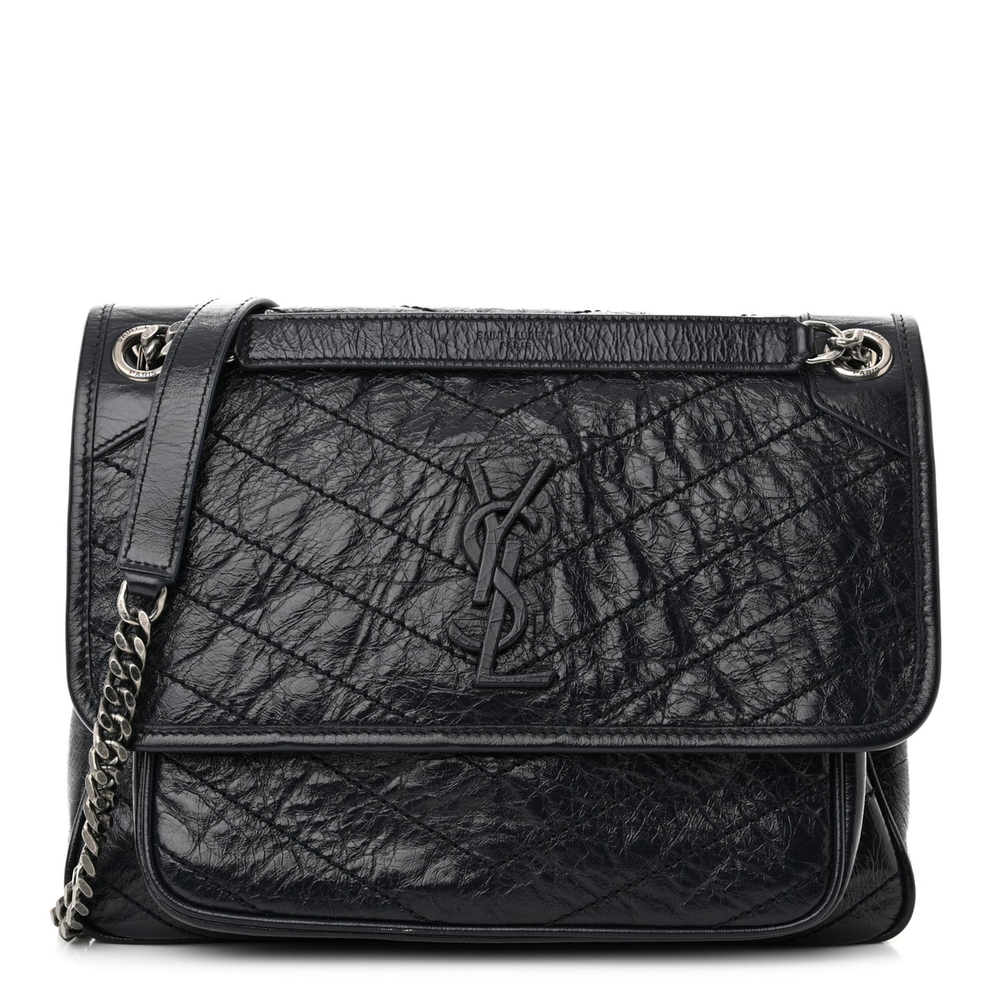 Crinkled Calfskin Matelasse Monogram Medium Niki Chain Satchel Deep Marine