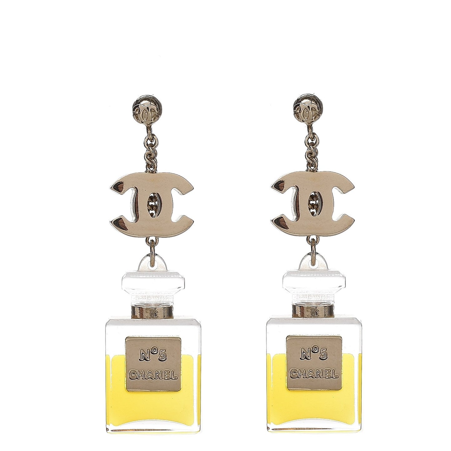 N°5 Perfume Bottle CC Drop Earrings Gold