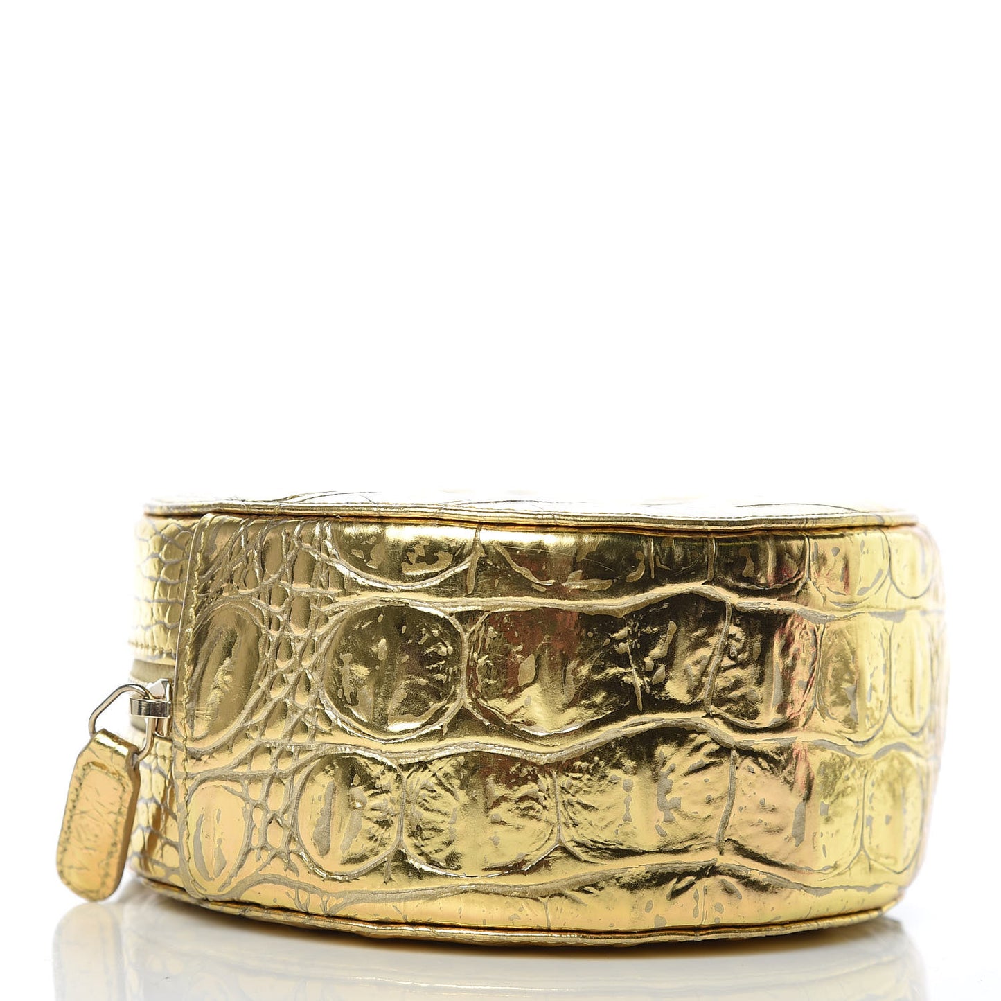 Metallic Calfskin Crocodile Embossed Cocodile Round Clutch with Chain Gold