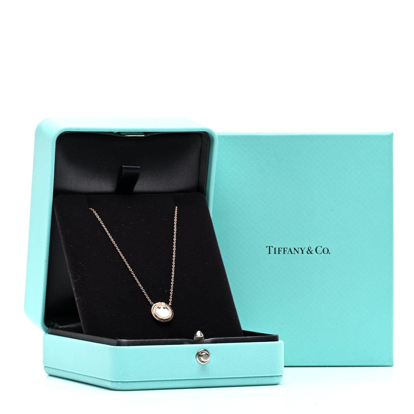 18K Rose Gold Diamond Mother of Pearl Small T Circle Pendant Necklace