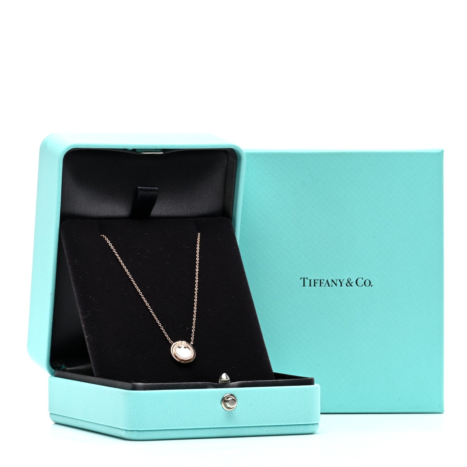 Tiffany 18K Rose Gold Diamond Mother of Pearl Small T Circle Pendant Necklace 5 of 5