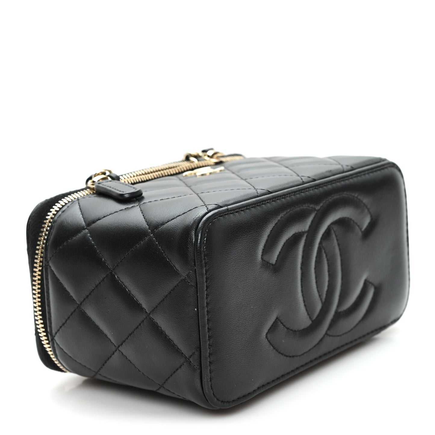 Lambskin Quilted Small Top Handle Vanity Case With Chain Black