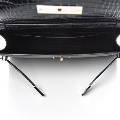 Saint Laurent Shiny Calfskin Crocodile Embossed Manhattan Baguette Black 5 of 9