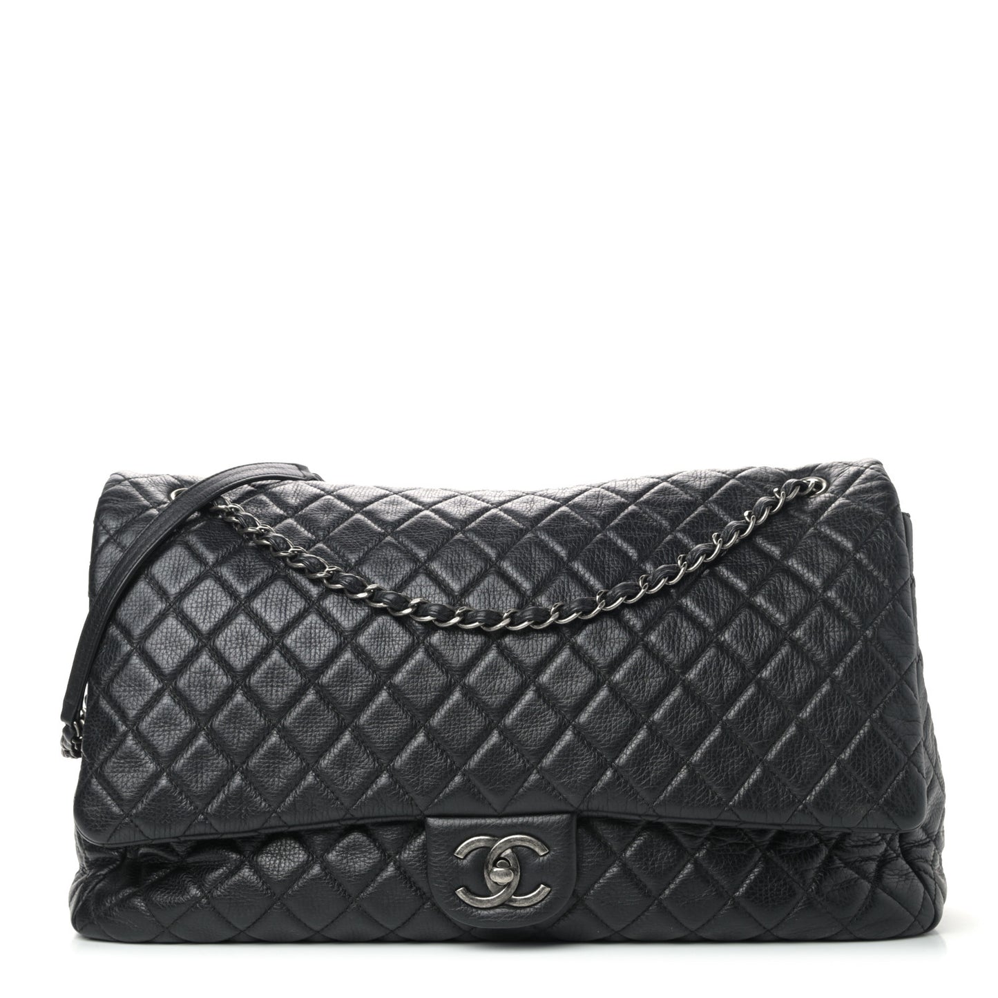 Calfskin Quilted XXL Travel Flap Bag Black