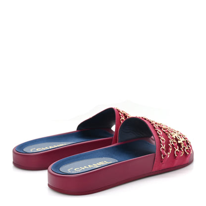 Chanel Satin Canvas Chain Slides Sandals Flats 40 Dark Fuchsia 5 of 9